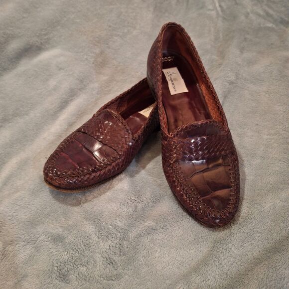 MORESCHI Brassboot Cognac Croc Print Woven Leather Sz 7 Loafers Made in Italy main image 10